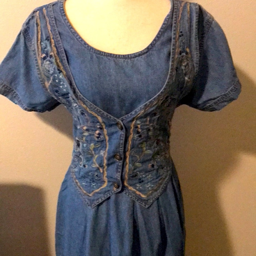 Jane Ashley Blue Jean Dress Sz Med  Comfortable Maxi Adjustable Tie Wais…